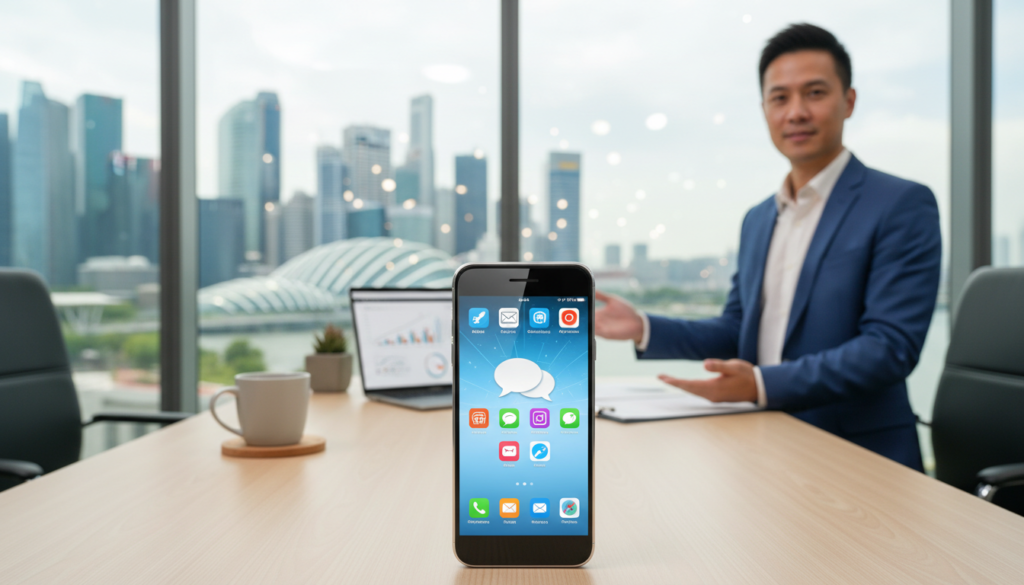 A sleek, modern smartphone sits prominently in the foreground, showcasing its vibrant screen displaying communication apps. The background features a professional office setting in Singapore, with a stylish desk, a laptop, and a city skyline visible through a large window, bathed in natural daylight. The lighting is bright, creating a welcoming atmosphere. In the middle ground, a business professional, dressed in smart attire, gestures towards the phone, emphasizing its role in client communication. The image captures a sense of efficiency and modernity, highlighting the importance of technology in establishing a local presence. Use a shallow depth of field to draw focus on the phone while softly blurring the office elements behind it, ensuring a photorealistic quality.