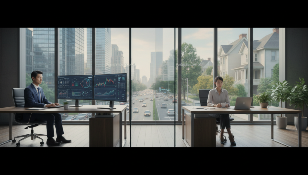 A sleek, modern virtual office setting showing a comparison between a high-end CBD office and a suburban workspace. In the foreground, a well-dressed business professional, a middle-aged Asian man, sits at a stylish desk equipped with dual monitors displaying financial graphs and ROI statistics. In the middle, a clear glass divider separates the vibrant CBD office environment, filled with city views, from the calm suburban office featuring greenery outside the window. The background showcases tall skyscrapers on one side and quaint suburban homes on the other, under soft natural lighting. Use a wide-angle lens to emphasize the contrast between the two work environments, conveying a professional yet approachable atmosphere suitable for an insightful financial discussion. A sleek, modern virtual office setting showing a comparison between a high-end CBD office and a suburban workspace. In the foreground, a well-dressed business professional, a middle-aged Asian man, sits at a stylish desk equipped with dual monitors displaying financial graphs and ROI statistics. In the middle, a clear glass divider separates the vibrant CBD office environment, filled with city views, from the calm suburban office featuring greenery outside the window. The background showcases tall skyscrapers on one side and quaint suburban homes on the other, under soft natural lighting. Use a wide-angle lens to emphasize the contrast between the two work environments, conveying a professional yet approachable atmosphere suitable for an insightful financial discussion.