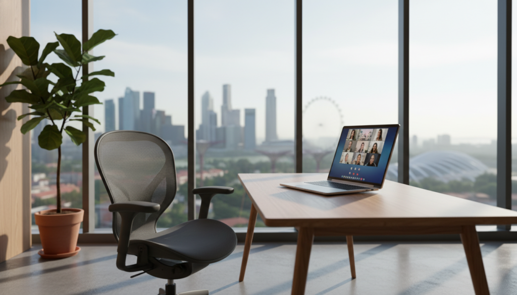 A sleek, modern virtual office setup in Singapore designed for digital nomads. In the foreground, a polished wooden desk with a high-tech laptop open, showcasing a video call interface. To the side, a stylish ergonomic chair and a potted plant adding a touch of greenery. In the middle, a large window frames a stunning cityscape view, with prominent Singapore landmarks softly blurred in the background. The lighting is bright and airy, with natural sunlight streaming through the glass, casting gentle shadows. The atmosphere is professional and inviting, conveying productivity and innovation. Capture this scene with a shallow depth of field for a photorealistic effect, emphasizing the contemporary office details while maintaining a clean and organized appearance. A sleek, modern virtual office setup in Singapore designed for digital nomads. In the foreground, a polished wooden desk with a high-tech laptop open, showcasing a video call interface. To the side, a stylish ergonomic chair and a potted plant adding a touch of greenery. In the middle, a large window frames a stunning cityscape view, with prominent Singapore landmarks softly blurred in the background. The lighting is bright and airy, with natural sunlight streaming through the glass, casting gentle shadows. The atmosphere is professional and inviting, conveying productivity and innovation. Capture this scene with a shallow depth of field for a photorealistic effect, emphasizing the contemporary office details while maintaining a clean and organized appearance.