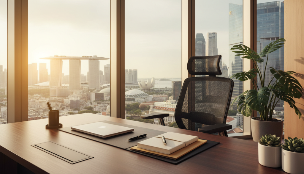 A sleek, modern virtual office setup in Singapore, showcasing a sophisticated desk with a laptop and notepad, emphasizing a professional atmosphere. In the foreground, a polished wooden desk hosts neatly organized files and a stylish pen holder, while soft sunlight streams in through large glass windows. The middle ground features a comfortable, ergonomic chair and greenery in the form of potted plants, adding a touch of tranquility. The background reveals a panoramic city view of Singapore's skyline, incorporating iconic skyscrapers and emerging businesses. The lighting is bright and inviting, with a warm tone that conveys productivity and success. The overall mood is focused, professional, and inspiring, capturing the essence of virtual office services tailored for consulting businesses. A sleek, modern virtual office setup in Singapore, showcasing a sophisticated desk with a laptop and notepad, emphasizing a professional atmosphere. In the foreground, a polished wooden desk hosts neatly organized files and a stylish pen holder, while soft sunlight streams in through large glass windows. The middle ground features a comfortable, ergonomic chair and greenery in the form of potted plants, adding a touch of tranquility. The background reveals a panoramic city view of Singapore's skyline, incorporating iconic skyscrapers and emerging businesses. The lighting is bright and inviting, with a warm tone that conveys productivity and success. The overall mood is focused, professional, and inspiring, capturing the essence of virtual office services tailored for consulting businesses.