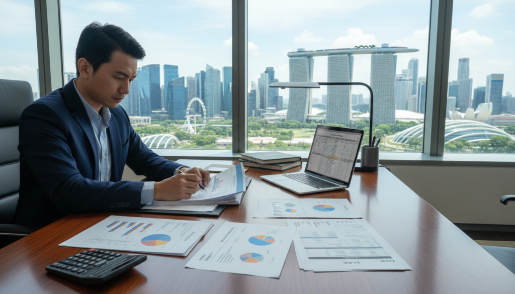 A sleek office environment that captures the essence of a financial year theme, with a modern touch. In the foreground, a professional-looking businessperson in smart attire examines documents that feature financial charts and tax-related paperwork. In the middle, a polished wooden desk filled with various organizational tools, such as a calculator, a laptop displaying a financial spreadsheet, and tax forms, reflects a state of efficient workflow. The background shows a large window with a panoramic view of Singapore’s skyline, including iconic landmarks like Marina Bay Sands, bathed in bright, natural light. The overall atmosphere is one of diligence and compliance, with a sharp focus on the importance of post-incorporation financial obligations and tax responsibilities, conveyed through a photorealistic style, emphasizing clarity and professionalism. A sleek office environment that captures the essence of a financial year theme, with a modern touch. In the foreground, a professional-looking businessperson in smart attire examines documents that feature financial charts and tax-related paperwork. In the middle, a polished wooden desk filled with various organizational tools, such as a calculator, a laptop displaying a financial spreadsheet, and tax forms, reflects a state of efficient workflow. The background shows a large window with a panoramic view of Singapore’s skyline, including iconic landmarks like Marina Bay Sands, bathed in bright, natural light. The overall atmosphere is one of diligence and compliance, with a sharp focus on the importance of post-incorporation financial obligations and tax responsibilities, conveyed through a photorealistic style, emphasizing clarity and professionalism.