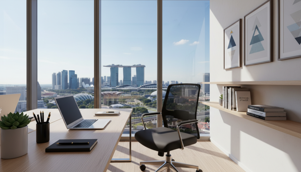 A sleek, photorealistic virtual office space in Singapore featuring a minimalist design. In the foreground, a modern desk with a high-quality laptop, stylish stationery, and a potted plant, all representing a productive work environment. In the middle ground, a comfortable ergonomic chair, and a large window offering a view of Singapore’s iconic skyline, showcasing the elite business hub’s prestige. The background includes tasteful wall art and shelves with business books. Soft, natural lighting cascades through the window, creating a warm and inviting atmosphere. The angle is slightly elevated to capture the workspace's organized aesthetic, conveying professionalism and innovation in a virtual office setting suitable for any ambitious entrepreneur.