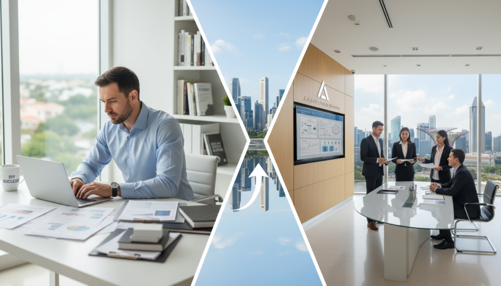 A split-scene image illustrating "DIY vs provider company" in Singapore. In the foreground, on the left, a confident individual working on a laptop, surrounded by paperwork and an urban desk setting, representing the DIY approach to company incorporation. This person wears professional smart-casual attire, focusing intently on their work. On the right, a corporate service provider office scene with a polished reception area, showcasing a diverse team of professionals in formal business attire, collaborating with a client, demonstrating expertise and support. The middle ground features cityscape elements of Singapore, with iconic buildings and greenery, reflecting a bright and optimistic atmosphere. Soft natural lighting enhances the professionalism of both settings, while a slightly blurred background emphasizes a busy and prosperous business environment. A split-scene image illustrating "DIY vs provider company" in Singapore. In the foreground, on the left, a confident individual working on a laptop, surrounded by paperwork and an urban desk setting, representing the DIY approach to company incorporation. This person wears professional smart-casual attire, focusing intently on their work. On the right, a corporate service provider office scene with a polished reception area, showcasing a diverse team of professionals in formal business attire, collaborating with a client, demonstrating expertise and support. The middle ground features cityscape elements of Singapore, with iconic buildings and greenery, reflecting a bright and optimistic atmosphere. Soft natural lighting enhances the professionalism of both settings, while a slightly blurred background emphasizes a busy and prosperous business environment.