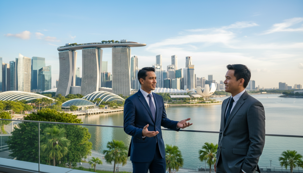 A vibrant, photorealistic scene depicting the bustling business environment of Singapore. In the foreground, a confident Malaysian entrepreneur in a sharp business suit is engaged in a discussion with a partner, both displaying positive body language. The middle ground showcases iconic Singaporean skyscrapers, such as Marina Bay Sands and the Esplanade, with greenery and a clear blue sky. In the background, the shimmering waters of Marina Bay reflect the modern cityscape, conveying a sense of progress and opportunity. Soft, natural lighting enhances the professionalism of the scene, while the angle captures both the subjects and the striking architecture of Singapore, evoking an atmosphere of collaboration and innovation as a strategic hub for business. A vibrant, photorealistic scene depicting the bustling business environment of Singapore. In the foreground, a confident Malaysian entrepreneur in a sharp business suit is engaged in a discussion with a partner, both displaying positive body language. The middle ground showcases iconic Singaporean skyscrapers, such as Marina Bay Sands and the Esplanade, with greenery and a clear blue sky. In the background, the shimmering waters of Marina Bay reflect the modern cityscape, conveying a sense of progress and opportunity. Soft, natural lighting enhances the professionalism of the scene, while the angle captures both the subjects and the striking architecture of Singapore, evoking an atmosphere of collaboration and innovation as a strategic hub for business.