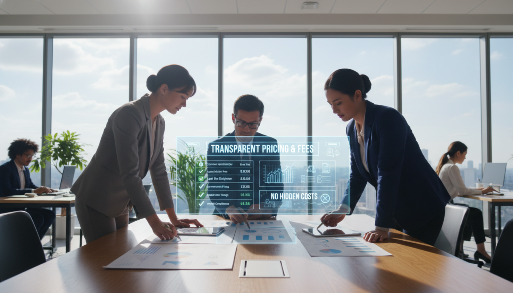 A well-organized financial workspace, conveying transparency in pricing and fees. In the foreground, a diverse group of three business professionals dressed in professional business attire engage in a discussion, examining charts and documents related to company registration services. The middle layer features a transparent display of pricing structures, illustrated with clear graphs and icons, symbolizing openness. In the background, an elegant office environment with glass walls and natural light streaming in, creating an airy atmosphere. Use a wide-angle lens to capture the entire setting, with soft, diffused lighting to enhance clarity and focus on the exchange of information. The mood should be collaborative and informative, highlighting the importance of understanding fees and avoiding hidden costs.