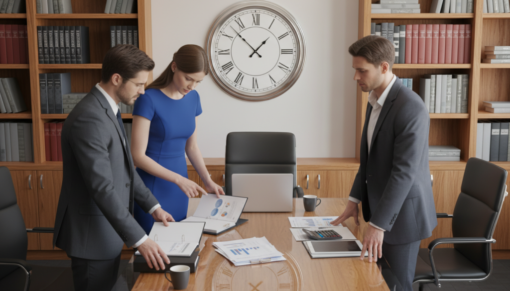 A well-organized office environment depicting a professional setting focused on business compliance. In the foreground, a diverse group of three professionals in formal attire—a man in a tailored suit, a woman in a business dress, and another person in smart casual business wear—are engaged in a discussion, analyzing documents and a digital tablet. In the middle ground, a large wall clock shows the time approaching a deadline, while a table displays an open laptop and financial reports scattered about. The background features shelves filled with books on corporate governance and compliance. The lighting is bright and warm, creating a focused and serious atmosphere. Use a slightly elevated angle to capture the interaction and environment clearly, with photorealistic details to bring the scene to life. A well-organized office environment depicting a professional setting focused on business compliance. In the foreground, a diverse group of three professionals in formal attire—a man in a tailored suit, a woman in a business dress, and another person in smart casual business wear—are engaged in a discussion, analyzing documents and a digital tablet. In the middle ground, a large wall clock shows the time approaching a deadline, while a table displays an open laptop and financial reports scattered about. The background features shelves filled with books on corporate governance and compliance. The lighting is bright and warm, creating a focused and serious atmosphere. Use a slightly elevated angle to capture the interaction and environment clearly, with photorealistic details to bring the scene to life.