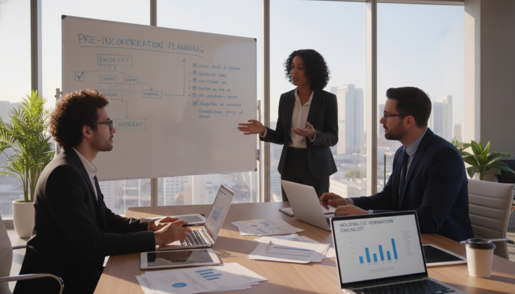A well-organized office space depicting a holding company planning session. In the foreground, a diverse group of three professionals—two men and one woman—are engaged in a lively discussion. They are dressed in smart business attire, with a whiteboard filled with charts and checklists in the background. The middle layer showcases a large conference table scattered with documents, laptops, and digital tablets displaying graphs, emphasizing the pre-incorporation planning checklist. The background includes large windows with soft, natural light streaming in, creating a bright and inspiring atmosphere. The scene captures a sense of collaboration, focus, and urgency, highlighting the importance of thorough preparation in a corporate setting. The image is photorealistic, shot with a slight tilt, enhancing the dynamic feel of the planning environment. A well-organized office space depicting a holding company planning session. In the foreground, a diverse group of three professionals—two men and one woman—are engaged in a lively discussion. They are dressed in smart business attire, with a whiteboard filled with charts and checklists in the background. The middle layer showcases a large conference table scattered with documents, laptops, and digital tablets displaying graphs, emphasizing the pre-incorporation planning checklist. The background includes large windows with soft, natural light streaming in, creating a bright and inspiring atmosphere. The scene captures a sense of collaboration, focus, and urgency, highlighting the importance of thorough preparation in a corporate setting. The image is photorealistic, shot with a slight tilt, enhancing the dynamic feel of the planning environment.