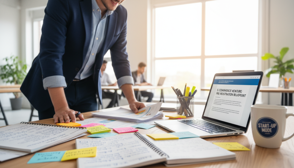 A well-organized workspace featuring a wooden desk cluttered with planning materials for an e-commerce business. In the foreground, there are open notebooks filled with handwritten notes, colorful sticky notes, and a laptop displaying a business plan. In the middle, a person in professional business attire is intently reviewing documents, symbolizing focus and strategic thinking. The background shows a bright, modern office with large windows allowing natural light to stream in, creating an inviting and productive atmosphere. The scene conveys a mood of professionalism and ambition, highlighting the importance of pre-registration planning in starting an e-commerce business. The image should have soft lighting, with a slight depth of field to enhance focus on the workspace. A well-organized workspace featuring a wooden desk cluttered with planning materials for an e-commerce business. In the foreground, there are open notebooks filled with handwritten notes, colorful sticky notes, and a laptop displaying a business plan. In the middle, a person in professional business attire is intently reviewing documents, symbolizing focus and strategic thinking. The background shows a bright, modern office with large windows allowing natural light to stream in, creating an inviting and productive atmosphere. The scene conveys a mood of professionalism and ambition, highlighting the importance of pre-registration planning in starting an e-commerce business. The image should have soft lighting, with a slight depth of field to enhance focus on the workspace.