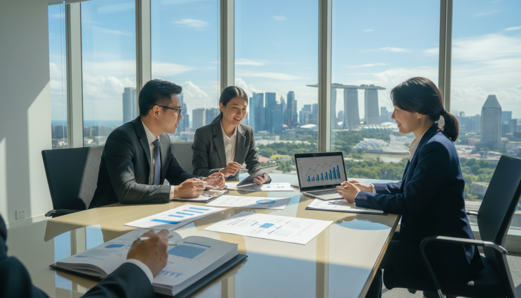 A bright and modern office setting designed for incorporation services, showcasing a diverse group of three professionals in business attire collaborating around a sleek conference table. The foreground features a close-up of documents, charts, and a laptop displaying financial graphs, symbolizing the complexities of business registration. In the middle ground, the team actively discusses strategies, pointing at the documents, while a large window in the background reveals a bustling Singapore cityscape, bathed in natural light and a clear blue sky. The atmosphere is energetic yet professional, emphasizing efficiency and support in the process of company incorporation. The scene should be photorealistic with soft shadows and well-balanced lighting, capturing a sense of determination and partnership. A bright and modern office setting designed for incorporation services, showcasing a diverse group of three professionals in business attire collaborating around a sleek conference table. The foreground features a close-up of documents, charts, and a laptop displaying financial graphs, symbolizing the complexities of business registration. In the middle ground, the team actively discusses strategies, pointing at the documents, while a large window in the background reveals a bustling Singapore cityscape, bathed in natural light and a clear blue sky. The atmosphere is energetic yet professional, emphasizing efficiency and support in the process of company incorporation. The scene should be photorealistic with soft shadows and well-balanced lighting, capturing a sense of determination and partnership.