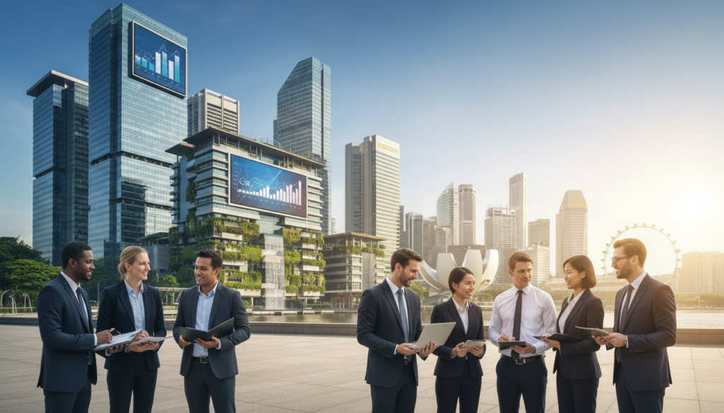 A bustling Singapore cityscape representing the business banking landscape for foreign-owned companies. In the foreground, a diverse group of professional individuals in business attire are engaged in conversation, holding laptops and documents, showcasing collaboration. The middle ground features modern bank buildings with glass facades, incorporating elements of Singaporean architecture such as greenery and water features. The background reveals iconic landmarks like Marina Bay Sands under a clear blue sky with the sun casting a warm glow, symbolizing growth and opportunity. Use a wide-angle lens to capture depth, with a balanced composition that evokes a sense of dynamism and ambition. The overall mood is optimistic and professional, illustrating the vibrant banking environment for foreign entrepreneurs.