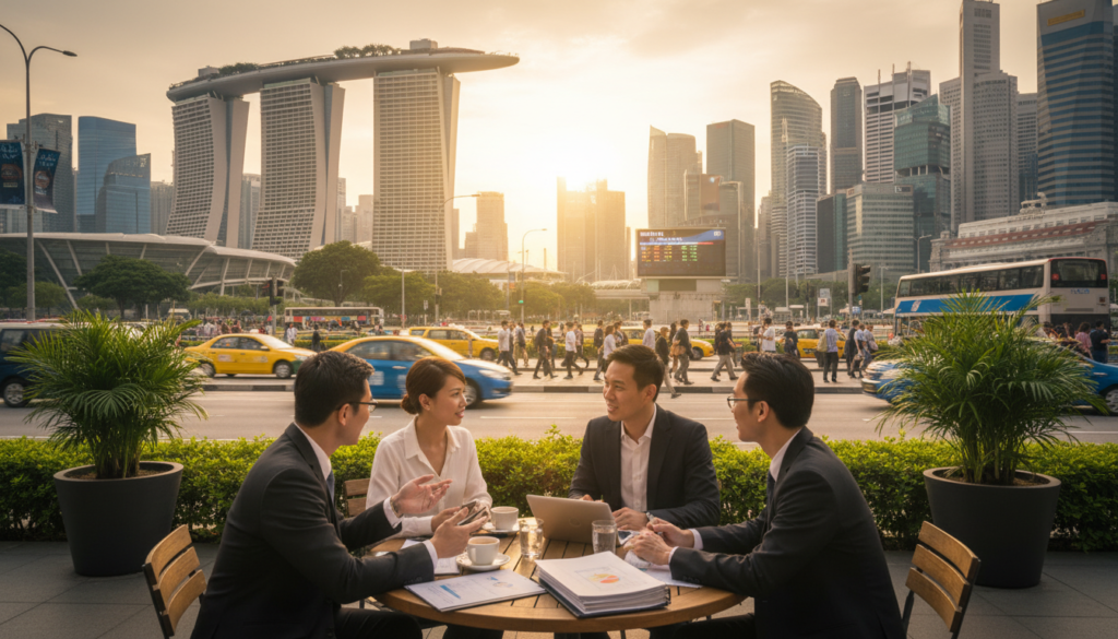 A bustling Singapore financial district scene, showcasing the iconic skyline filled with modern skyscrapers like Marina Bay Sands and the Central Business District buildings. In the foreground, a diverse group of professionals in business attire are engaged in discussions at an outdoor café, with laptops and financial documents on the table, symbolizing planning and alignment of financial cycles. The middle ground features a vibrant street with pedestrians and taxis, while lush greenery adds a touch of nature. The background is illuminated by a warm sunset light, casting long shadows, creating a professional yet inviting atmosphere. The overall mood conveys productivity and collaboration in a thriving financial hub, reflecting the importance of aligning banking and reporting cycles.