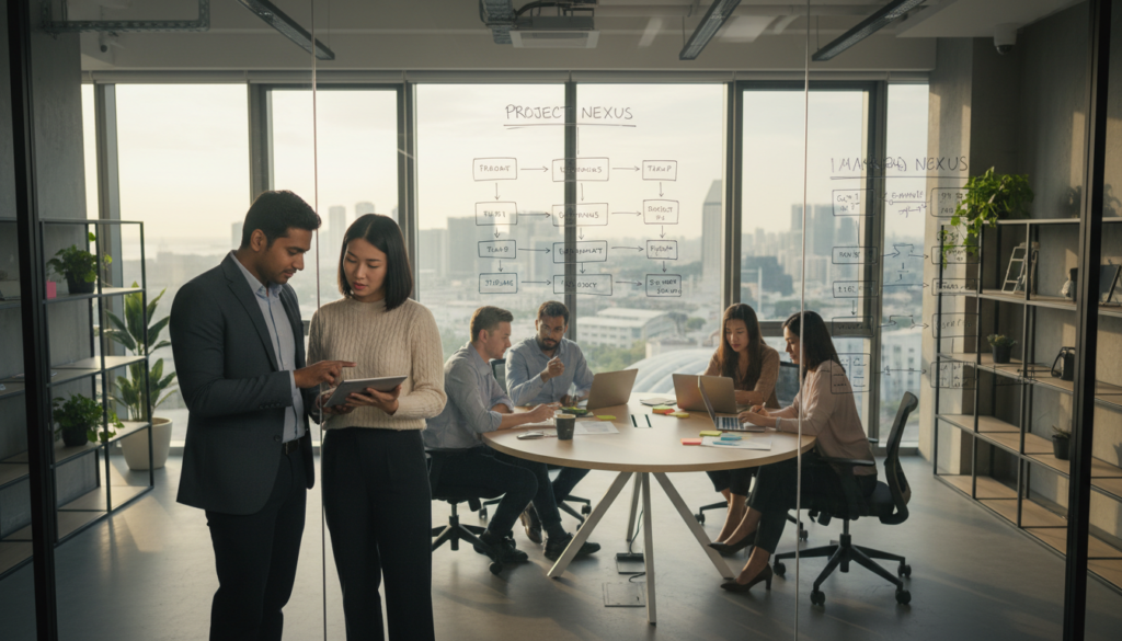 A bustling Singaporean tech startup environment, showcasing a modern office space filled with diverse professionals engaged in collaborative work. In the foreground, a man in business attire is discussing workflow strategies with a woman in smart casual clothing, both peering at a digital tablet. In the middle ground, a large glass board displays flowcharts and project outlines, while a diverse team of employees brainstorms at a round table, surrounded by high-tech laptops and creative tools. The background features large windows revealing Singapore’s skyline, bathed in warm, natural light that creates an inviting and productive atmosphere. The lens captures a wide-angle perspective to emphasize the vibrancy and dynamism of the workspace. The image conveys a sense of innovation, teamwork, and modernity. A bustling Singaporean tech startup environment, showcasing a modern office space filled with diverse professionals engaged in collaborative work. In the foreground, a man in business attire is discussing workflow strategies with a woman in smart casual clothing, both peering at a digital tablet. In the middle ground, a large glass board displays flowcharts and project outlines, while a diverse team of employees brainstorms at a round table, surrounded by high-tech laptops and creative tools. The background features large windows revealing Singapore’s skyline, bathed in warm, natural light that creates an inviting and productive atmosphere. The lens captures a wide-angle perspective to emphasize the vibrancy and dynamism of the workspace. The image conveys a sense of innovation, teamwork, and modernity.