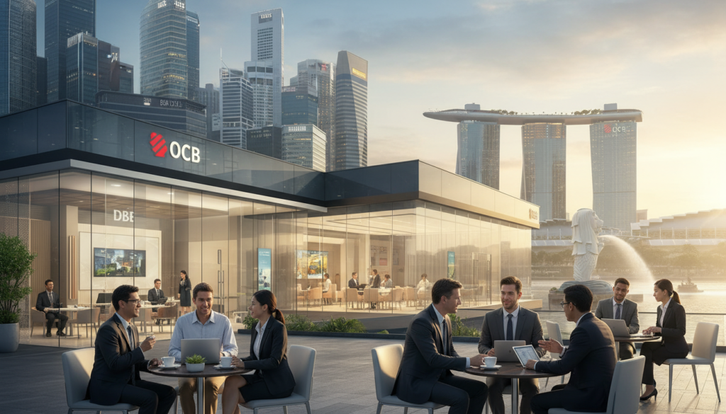 A bustling banking landscape in Singapore, showcasing a modern urban skyline with skyscrapers featuring bank logos. In the foreground, a diverse group of professionals in business attire are engaged in discussions at an outdoor café, symbolizing collaboration and networking. The middle ground highlights sleek bank branches with transparent glass facades, displaying a welcoming atmosphere. In the background, iconic landmarks like Marina Bay Sands and the Merlion provide a recognizably Singaporean backdrop. The scene is bathed in warm, natural lighting, hinting at early morning, creating a vibrant, optimistic mood. Use a slightly elevated angle to capture the dynamic urban environment and the professional interactions seamlessly. The focus is on the banking scene, evoking a sense of opportunity and growth in the financial sector.