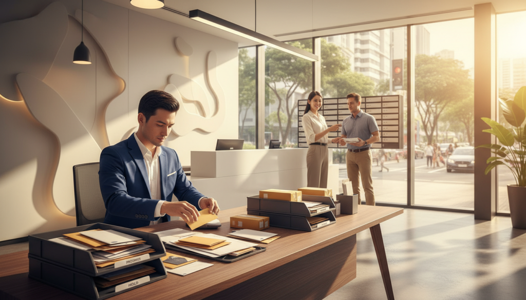 A busy mail handling scene at a virtual office in Orchard Road, Singapore. In the foreground, a professional-looking man in business attire is sorting through a mix of letters and packages on a modern, organized desk. The middle ground features a sleek reception area with stylish decor, a mailbox, and a friendly assistant dressed in smart casual clothing aiding a client. In the background, large windows allow natural sunlight to pour in, illuminating the workspace and hinting at the bustling Orchard Road outside. The atmosphere is efficient and professional, with a focus on productivity and service, captured with a warm, inviting color palette. Use a wide-angle lens to create depth and emphasize the office ambiance.