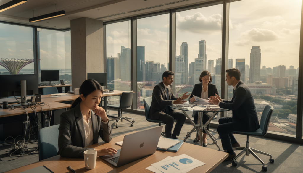 A busy urban banking office environment in Singapore, bustling with activity, showcasing a diverse group of professionals in business attire engaged in discussions and analyzing documents. In the foreground, a young female entrepreneur with a laptop open in front of her, looking thoughtfully at charts and graphs, symbolizing decision-making. In the middle, a casual meeting at a round table with three professionals debating over financial reports, surrounded by large windows letting in natural light, casting soft shadows. In the background, the stunning Singapore skyline is visible, representing the city's dynamic market. The atmosphere is focused and intense, with a hint of urgency, highlighting the critical nature of making informed banking decisions. Photorealistic style with a warm color palette, shot from a slightly elevated angle to capture the depth of the scene.