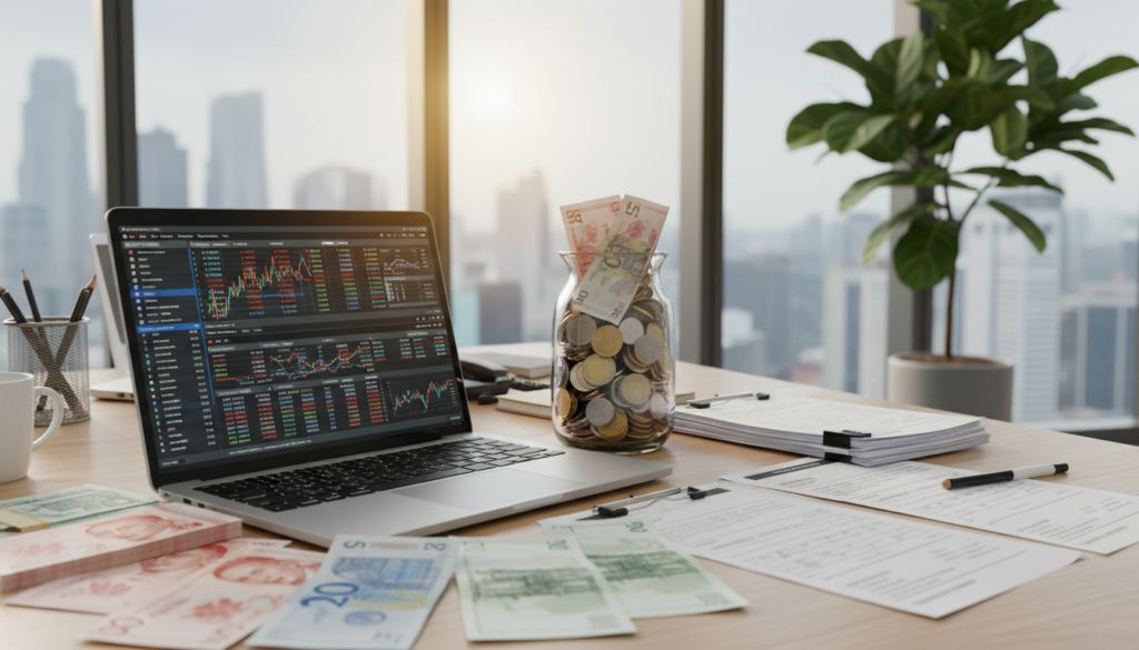 A cluttered desk in a modern office setting filled with a variety of global currencies such as Singapore Dollars, Euros, and US Dollars. In the foreground, a silver laptop is open, displaying financial software. Scattered across the desk are neatly stacked invoices in different currencies. In the middle, an elegant glass jar filled with coins and banknotes adds interest. In the background, large windows let in natural light, illuminating the space with a warm glow. A green plant adds a touch of nature to the scene. The mood is professional and inviting, embodying the essence of efficient financial services. Use a shallow depth of field to draw focus to the currencies and invoices, with a slight bokeh effect on the background. The image should be photorealistic and vibrant.