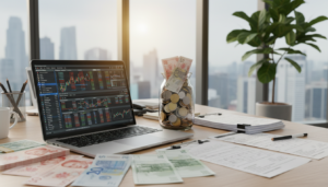 A cluttered desk in a modern office setting filled with a variety of global currencies such as Singapore Dollars, Euros, and US Dollars. In the foreground, a silver laptop is open, displaying financial software. Scattered across the desk are neatly stacked invoices in different currencies. In the middle, an elegant glass jar filled with coins and banknotes adds interest. In the background, large windows let in natural light, illuminating the space with a warm glow. A green plant adds a touch of nature to the scene. The mood is professional and inviting, embodying the essence of efficient financial services. Use a shallow depth of field to draw focus to the currencies and invoices, with a slight bokeh effect on the background. The image should be photorealistic and vibrant.