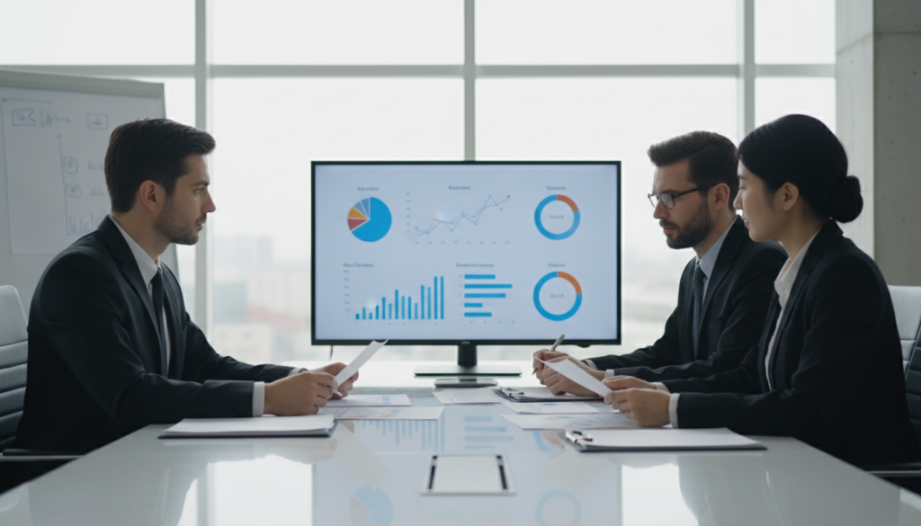 A confident group of diverse shareholders gathered around a sleek, modern conference table, engaged in a serious discussion about company decisions. The foreground features three professional individuals, dressed in tailored business suits, examining documents and charts. In the middle ground, a large screen displays financial graphs and strategic plans, reflecting the importance of their decisions. The background shows a stylish office with large windows, allowing natural light to brighten the room, creating a productive and optimistic atmosphere. The lens captures the scene at a slight angle, emphasizing the collaborative spirit of the group while maintaining a photorealistic quality. The overall mood is focused and corporate, highlighting the weight of their upcoming decisions.