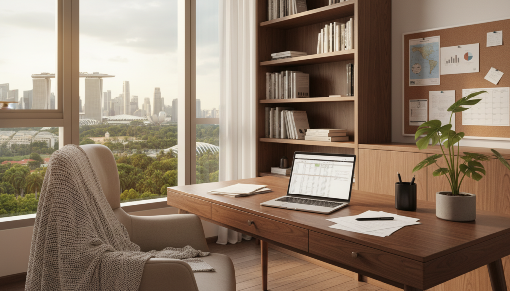 A cozy home office, featuring a sleek wooden desk with a modern laptop open, papers neatly organized, and a potted plant adding a touch of green. The foreground includes a comfortable office chair with a soft throw blanket draped over it. In the middle ground, a large window lets in soft, natural light, illuminating the space with a warm glow and showcasing a panoramic view of Singapore's skyline with lush greenery. The background hints at bookshelves filled with business books and a bulletin board with pinned notes, exuding a professional atmosphere. The mood is focused yet inviting, perfect for remote work. Photorealistic details emphasize texture and light, captured from a slightly angled perspective to create depth. A cozy home office, featuring a sleek wooden desk with a modern laptop open, papers neatly organized, and a potted plant adding a touch of green. The foreground includes a comfortable office chair with a soft throw blanket draped over it. In the middle ground, a large window lets in soft, natural light, illuminating the space with a warm glow and showcasing a panoramic view of Singapore's skyline with lush greenery. The background hints at bookshelves filled with business books and a bulletin board with pinned notes, exuding a professional atmosphere. The mood is focused yet inviting, perfect for remote work. Photorealistic details emphasize texture and light, captured from a slightly angled perspective to create depth.