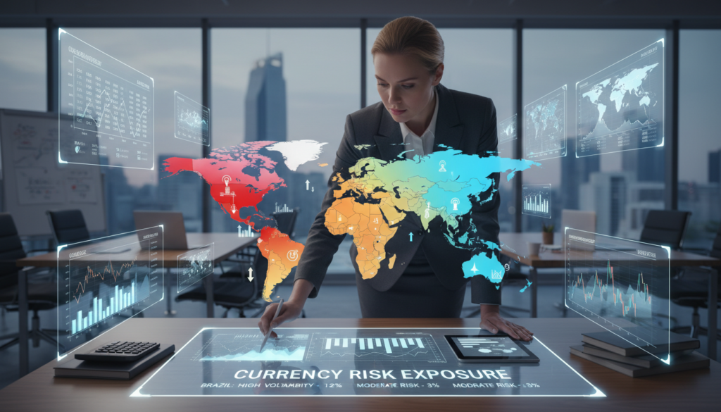 A detailed and photorealistic image depicting a vibrant map illustrating foreign exchange risk exposure. In the foreground, a professional businesswoman in a tailored suit, engaged in thoughtful analysis, studies currency symbols and market graphs displayed on digital screens. The middle layer features a dynamic world map with highlighted regions indicating varying levels of currency risk, annotated with financial icons like price charts and currency symbols. In the background, an office environment bathed in soft, natural light, with contemporary decor and financial tools like calculators and laptops, enhances the atmosphere of analysis and professionalism. The overall mood is serious and focused, emphasizing the importance of understanding and managing currency risks in global business.