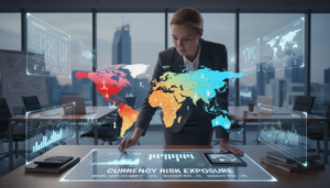 A detailed and photorealistic image depicting a vibrant map illustrating foreign exchange risk exposure. In the foreground, a professional businesswoman in a tailored suit, engaged in thoughtful analysis, studies currency symbols and market graphs displayed on digital screens. The middle layer features a dynamic world map with highlighted regions indicating varying levels of currency risk, annotated with financial icons like price charts and currency symbols. In the background, an office environment bathed in soft, natural light, with contemporary decor and financial tools like calculators and laptops, enhances the atmosphere of analysis and professionalism. The overall mood is serious and focused, emphasizing the importance of understanding and managing currency risks in global business.
