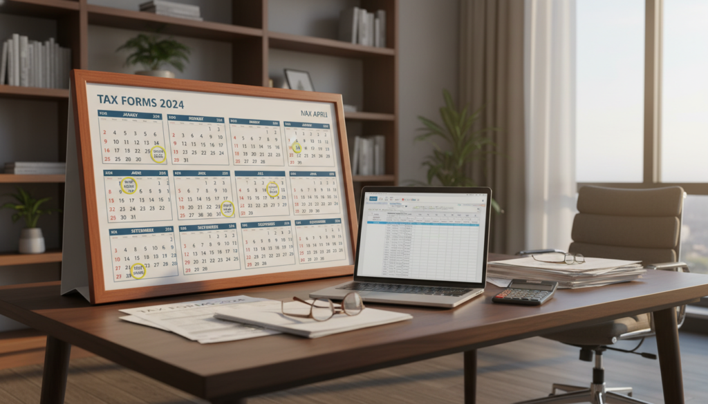 A detailed and photorealistic image of a calendar displaying a full year, prominently featuring clearly marked dates and sections for each month. In the foreground, a sophisticated desk with a laptop, tax documents, and a calculator to symbolize the remote founder setting. The middle ground should showcase the calendar open to the current month, with highlighted days indicating important tax deadlines. The background features a sleek office environment bathed in soft, warm lighting, evoking a sense of organization and focus. The overall mood should be professional and motivating, suitable for a business context, emphasizing clarity and productivity in managing tax obligations.