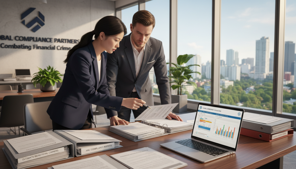 A detailed and photorealistic office scene illustrating beneficial ownership records. In the foreground, a polished wooden desk is cluttered with neatly organized files and documents, each labeled clearly. A stylish laptop displays a spreadsheet with graphs on beneficial ownership data. In the middle ground, two professionals in business attire—one Asian and one Caucasian—are discussing the records intently, embodying a sense of collaboration and diligence. Their expressions reflect seriousness and focus. In the background, a large window allows natural light to pour in, illuminating the modern office with greenery visible outside. The atmosphere is professional, underscoring the importance of AML compliance for foreign-owned companies. The angle is slightly tilted from above, capturing both the documents and the engaged dialogue below.