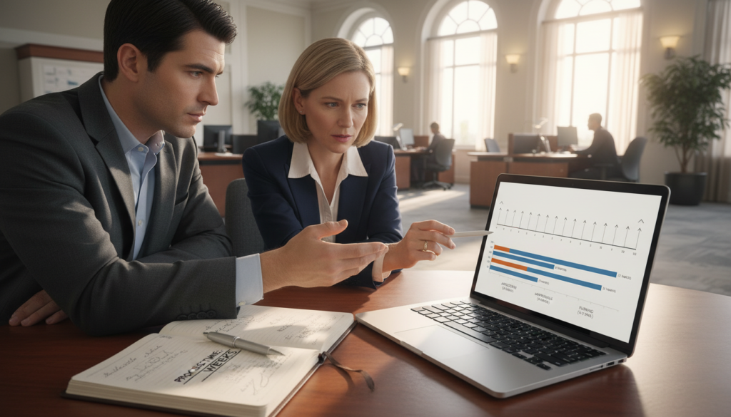 A detailed, photorealistic image illustrating the concept of "process time weeks" in a professional banking context. In the foreground, a close-up of a polished wooden desk featuring a sleek laptop with a financial dashboard displaying a timeline with weeks, a notebook with handwritten notes, and a stylish pen. The middle ground includes a focused business professional in smart attire, deeply engaged in conversation with a bank representative, both showing expressions of concentration and determination. In the background, a softly lit bank office interior with tall windows, allowing natural light to filter through, creating an atmosphere of professionalism and focus. The overall mood conveys anticipation and diligence, with a subtle hint of urgency in the setting.