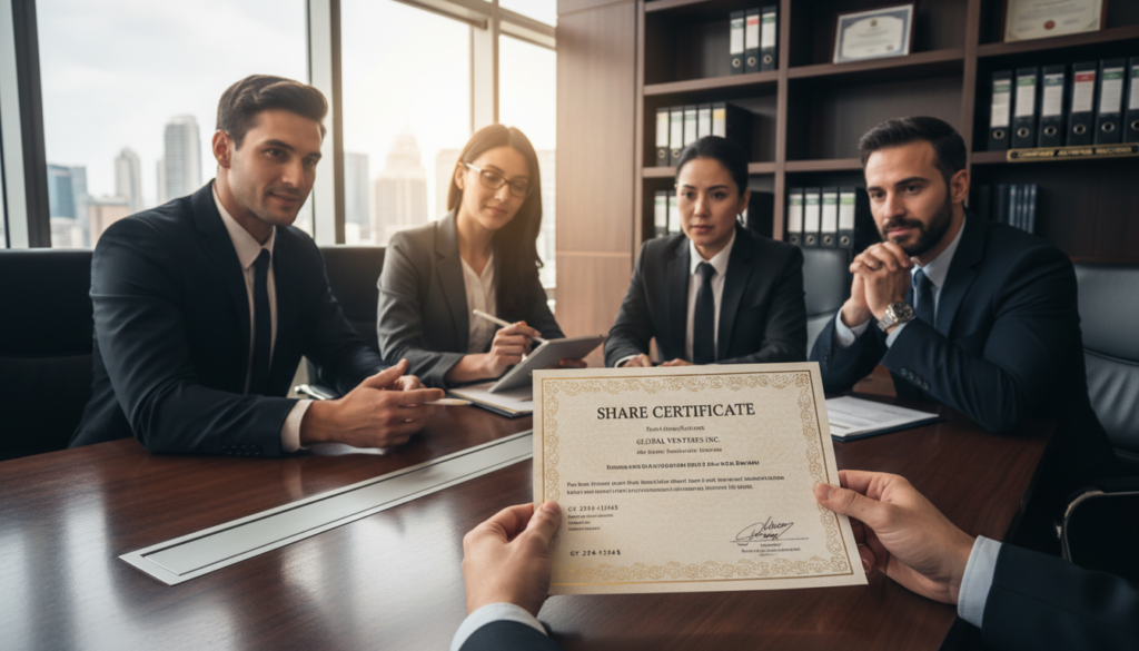 A diverse group of four professional individuals gathered around a sleek conference table, attentively discussing share certificates. The foreground features a close-up of hands examining a beautifully designed share certificate with intricate details and security features. In the middle, the individuals—two men and two women—are dressed in business attire, displaying focused expressions and engaging in the conversation. The background showcases a modern office with large windows allowing natural light to stream in, casting soft shadows. The lighting is bright yet warm, creating an atmosphere of professionalism and collaboration. A bookshelf filled with company records can be seen in the background, reinforcing the theme of accurate shareholder documentation. The overall mood is one of determination and success in a corporate environment.
