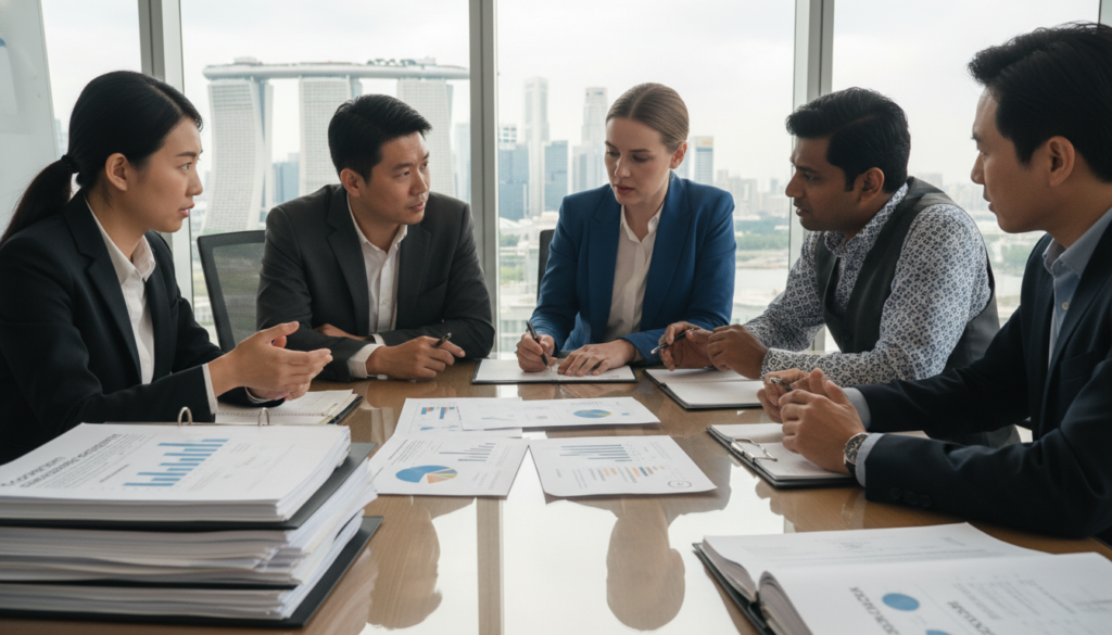 A diverse group of multinational business professionals engaged in a lively discussion around a conference table, in a modern office space with large windows showcasing Singapore's skyline in the background. The foreground features a close-up of charts and documents that illustrate company substance requirements. The middle ground shows three professionals—two men and a woman—wearing professional business attire, actively pointing at a document on the table. Soft, natural lighting illuminates the scene, creating a warm and inviting atmosphere. The camera angle is slightly tilted above the table, capturing both the participants’ expressions and the vibrant cityscape outside. The overall mood is collaborative and focused, reflecting a serious engagement with regulatory matters.
