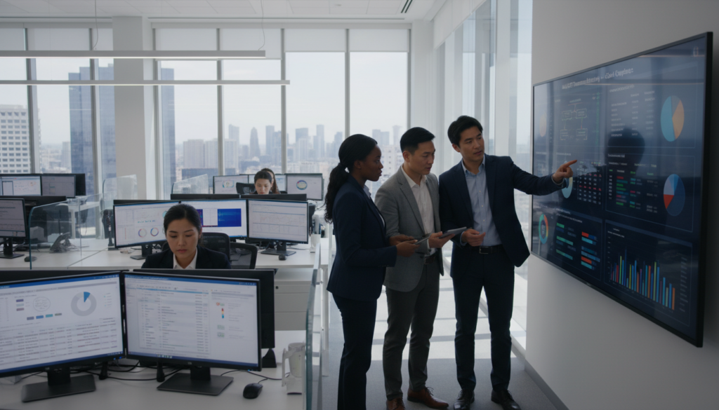 A dynamic office environment depicting professionals engaged in transaction monitoring for compliance. In the foreground, a diverse group of three individuals in smart business attire, focused on a large digital dashboard displaying real-time data and analytics related to AML/CFT controls. The middle ground shows desks with multiple screens displaying graphs, charts, and customer transaction histories. In the background, a sleek, modern office with large windows allowing natural light to flood the space, creating a bright and professional atmosphere. Use a slightly elevated angle to capture the collaborative work environment, emphasizing teamwork and diligence. The mood is serious and focused, highlighting the importance of compliance in the banking sector, particularly for foreign customers.