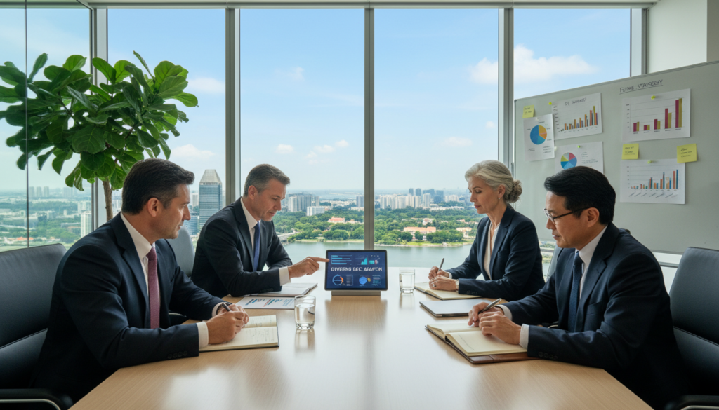 A group of four diverse board directors seated around a polished conference table in a modern office. The foreground shows two middle-aged men and two middle-aged women in professional business attire, engaged in a serious discussion about dividend declarations. One man is pointing to a financial report on a tablet, while one woman takes notes. In the middle ground, there’s a large window showcasing a skyline view of Singapore, hinting at a corporate atmosphere. The background features a sleek, contemporary design with glass walls, potted plants, and a whiteboard filled with charts. The lighting is bright and natural, creating an inspiring mood, shot with a wide-angle lens to capture the dynamics of teamwork and governance. A group of four diverse board directors seated around a polished conference table in a modern office. The foreground shows two middle-aged men and two middle-aged women in professional business attire, engaged in a serious discussion about dividend declarations. One man is pointing to a financial report on a tablet, while one woman takes notes. In the middle ground, there’s a large window showcasing a skyline view of Singapore, hinting at a corporate atmosphere. The background features a sleek, contemporary design with glass walls, potted plants, and a whiteboard filled with charts. The lighting is bright and natural, creating an inspiring mood, shot with a wide-angle lens to capture the dynamics of teamwork and governance.
