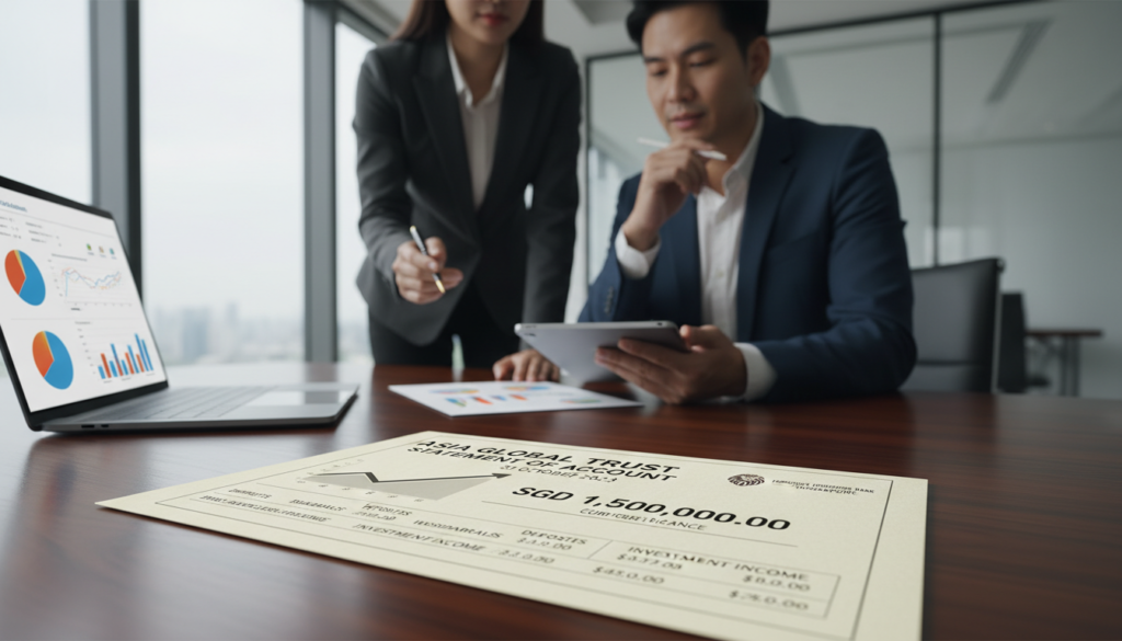 A highly detailed, photorealistic image of a professionally designed bank account statement resting on a polished wooden desk. In the foreground, the statement shows clear financial details, with graphs and numbers indicating a healthy balance. A sleek modern laptop with a minimalist design is partially visible, displaying financial management software. In the middle background, a pair of business professionals in smart attire are engaged in discussion, pointing at the statement and taking notes, conveying a sense of focus and collaboration. Soft, natural lighting illuminates the scene, creating a warm and inviting atmosphere. The setting emphasizes the importance of financial diligence in a corporate environment, specifically tailored for foreign-owned companies in Singapore.