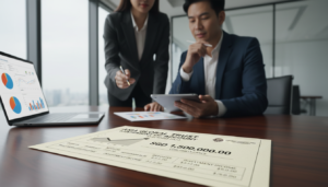 A highly detailed, photorealistic image of a professionally designed bank account statement resting on a polished wooden desk. In the foreground, the statement shows clear financial details, with graphs and numbers indicating a healthy balance. A sleek modern laptop with a minimalist design is partially visible, displaying financial management software. In the middle background, a pair of business professionals in smart attire are engaged in discussion, pointing at the statement and taking notes, conveying a sense of focus and collaboration. Soft, natural lighting illuminates the scene, creating a warm and inviting atmosphere. The setting emphasizes the importance of financial diligence in a corporate environment, specifically tailored for foreign-owned companies in Singapore.
