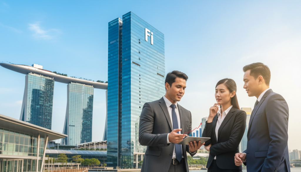 A modern Singapore cityscape, showcasing notable skyscrapers with a blend of traditional architecture, representing economic growth and stability. In the foreground, a diverse group of three professionals in business attire engage in a discussion, one pointing toward a tablet displaying economic graphs. In the middle ground, an elegant corporate building with glass facades symbolizes foreign investment. The background features the iconic Marina Bay Sands under a clear blue sky, reflecting innovation and progress. Soft, natural lighting creates a warm atmosphere, while a slight lens blur focuses on the people and the building, emphasizing the theme of economic substance.