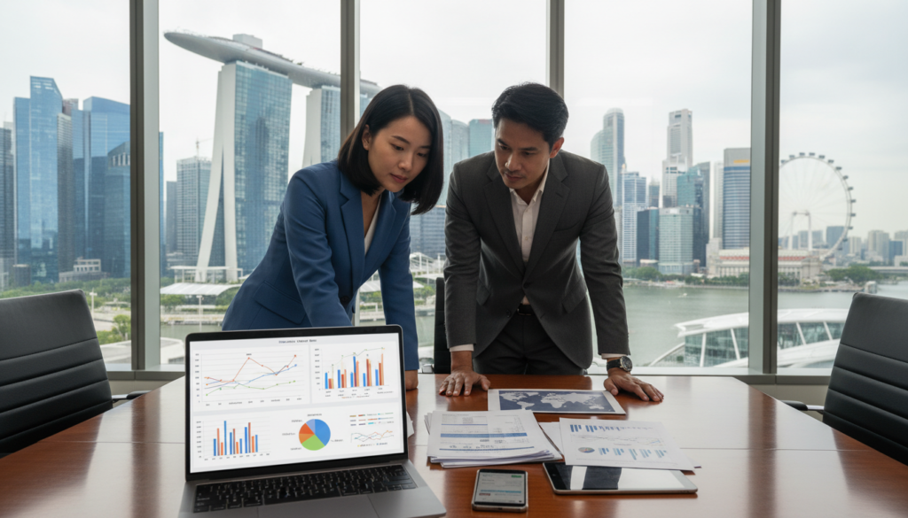 A modern Singaporean office setting, with a focus on a sleek conference table where two diverse professionals in business attire are discussing international client payments. The foreground features a laptop displaying financial charts and graphs, symbolizing digital transactions. In the middle ground, there are documents and a smartphone displaying payment applications. The background shows large windows with a view of Singapore's skyline, including the Marina Bay Sands and skyscrapers. Soft, natural light filters in, creating a bright and professional atmosphere. The mood is collaborative and productive, emphasizing the importance of global financial solutions for businesses. Photorealistic style, captured from a slightly elevated angle to provide depth.