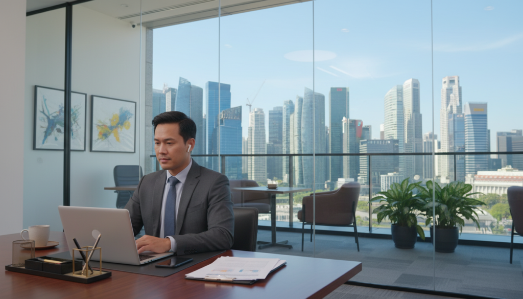 A modern and professional office setting depicting a virtual office in Raffles Place, Singapore. In the foreground, a sleek, wooden desk with a laptop open, documents neatly organized, and a smartphone placed beside a stylish pen holder. To the left, a confident businessperson dressed in professional attire, engaged in a virtual meeting, with an expression of concentration. The middle ground features a glass wall with a stunning view of Raffles Place's skyline, bright and sunny with clear blue skies. The background showcases a modern office environment, with stylish furniture and plants adding a touch of greenery. Soft, natural lighting illuminates the scene, creating a warm and inviting atmosphere. The image captures the essence of a virtual office service, combining professionalism with the sophisticated backdrop of Singapore’s financial district.