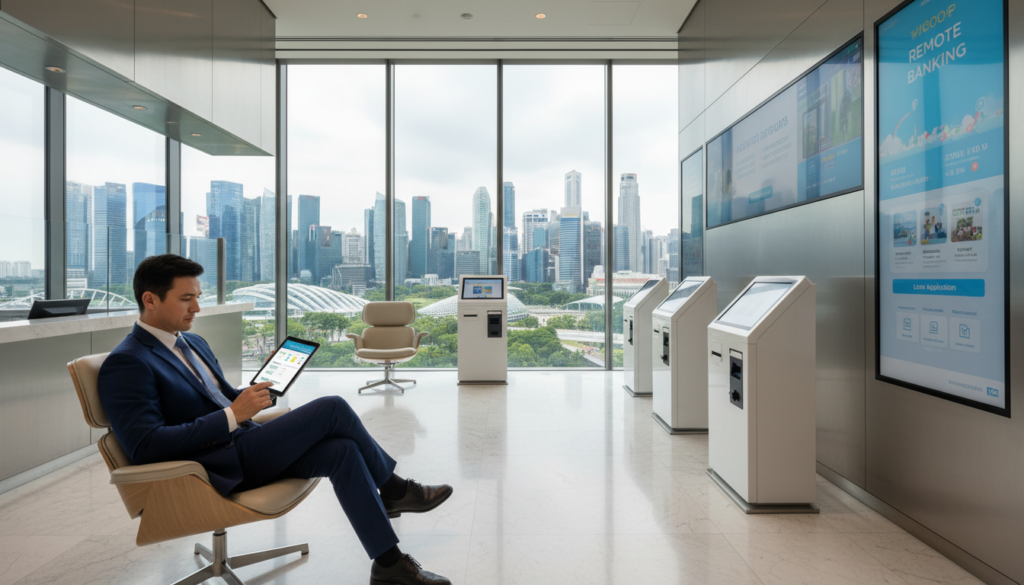 A modern bank interior in Singapore, showcasing sleek design elements and digital banking technology. In the foreground, a professional business person in smart attire is engaged with a tablet, representing online account management. The middle section features state-of-the-art banking kiosks and digital screens displaying various remote banking services. The background includes large windows with a panoramic view of the Singapore skyline, highlighting iconic skyscrapers and greenery. Soft, natural lighting floods the space, creating an inviting and efficient atmosphere. The angle captures the depth of the interior, emphasizing a blend of traditional bank design with futuristic digital enhancements, conveying a sense of accessibility and innovation in banking.