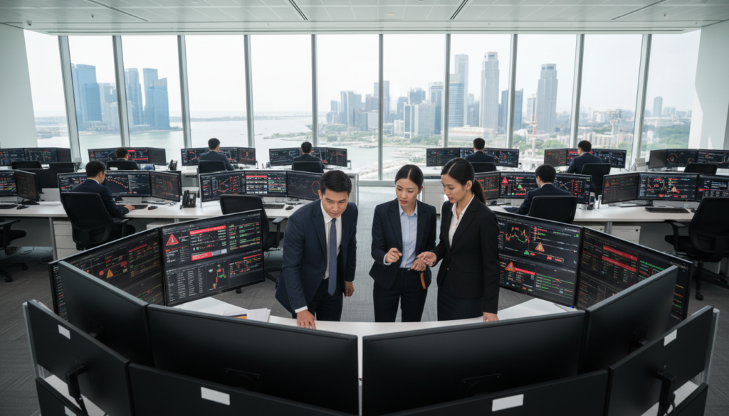 A modern bank office interior featuring a transaction monitoring team at work. In the foreground, a group of three professionals in business attire—two men and one woman—are intently analyzing financial data on multiple large screens displaying graphs and red flags. The middle layer shows a sophisticated control room with advanced monitoring software, data flows, and alert notifications. In the background, large windows allow natural light to flood the space, revealing a cityscape view of Singapore’s skyline, indicative of its financial center. The atmosphere is focused and serious, with a hint of urgency as the team engages in critical compliance discussions. The lighting is bright and modern, captured with a wide-angle lens to emphasize the environment's scale and professionalism.