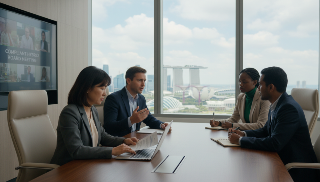 A modern boardroom setting for a professional meeting in Singapore, featuring a diverse group of four business professionals seated around a sleek, oval conference table. In the foreground, a middle-aged Asian woman wearing a tailored blazer reviews documents on her laptop. In the middle ground, two men, one Caucasian and one South Asian, engage in discussion while a younger Black woman takes notes on a notepad. The background includes a large window showcasing the Singapore skyline, with soft, natural light flooding the room. A digital display shows a virtual meeting interface, emphasizing the focus on running compliant, hybrid board meetings. The atmosphere is collaborative and focused, with a clear sense of professionalism. Photorealistic image with a slight depth of field focused on the participants. A modern boardroom setting for a professional meeting in Singapore, featuring a diverse group of four business professionals seated around a sleek, oval conference table. In the foreground, a middle-aged Asian woman wearing a tailored blazer reviews documents on her laptop. In the middle ground, two men, one Caucasian and one South Asian, engage in discussion while a younger Black woman takes notes on a notepad. The background includes a large window showcasing the Singapore skyline, with soft, natural light flooding the room. A digital display shows a virtual meeting interface, emphasizing the focus on running compliant, hybrid board meetings. The atmosphere is collaborative and focused, with a clear sense of professionalism. Photorealistic image with a slight depth of field focused on the participants.