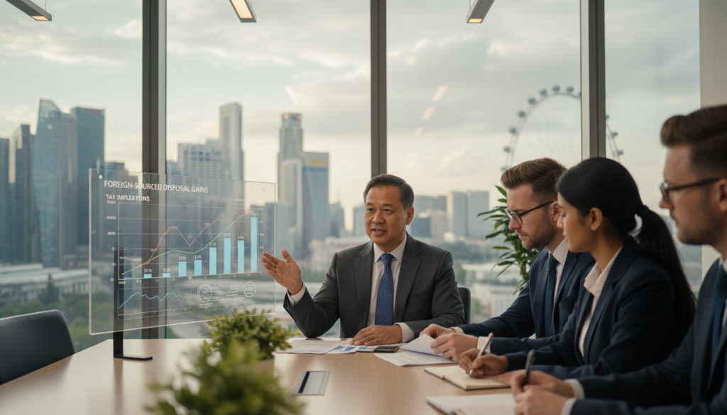 A modern business office setting in Singapore, showcasing a diverse group of professionals engaged in a discussion around a sleek conference table. In the foreground, a middle-aged Southeast Asian male in a tailored suit is pointing towards a digital screen displaying graphs of foreign-sourced disposal gains and tax implications. The middle ground features a young South Asian woman taking notes, while a Caucasian man is analyzing documents. The background includes large windows with a view of the iconic Singapore skyline under soft afternoon sunlight. The atmosphere is focused and collaborative, conveying a sense of professionalism and urgency. The image is photorealistic, captured with a shallow depth of field to emphasize the subjects while slightly blurring the expansive cityscape behind them.