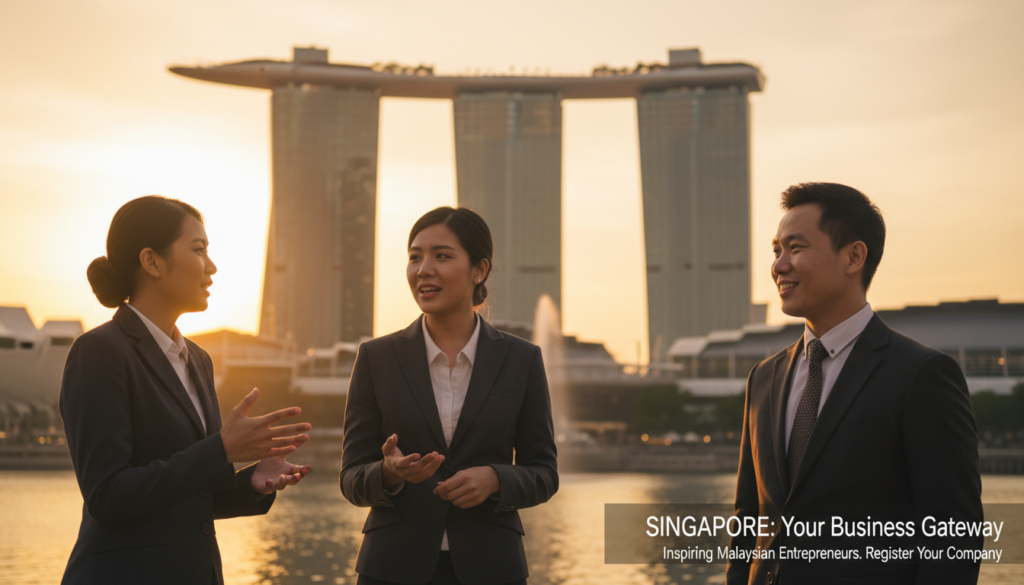 A modern, bustling Singaporean skyline is depicted in the background, showcasing iconic buildings like Marina Bay Sands and the Merlion. In the foreground, a diverse group of three professionals, a Malaysian man and woman in business attire, and a local Singaporean in a suit, are engaged in a dynamic conversation, symbolizing collaboration and entrepreneurship. The scene is set during golden hour, with warm sunlight illuminating their faces, creating a welcoming atmosphere. The composition employs a slight depth of field, focusing on the individuals while softly blurring the stunning architecture behind them. The mood is optimistic and energetic, capturing the spirit of business opportunities in Singapore, inviting and inspiring Malaysians to consider company registration.
