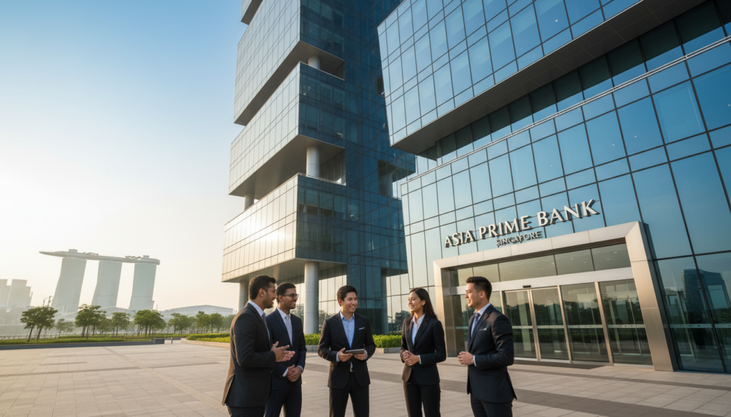 A modern corporate bank building in Singapore, showcasing sleek, glass architecture with reflective surfaces and a high-rise design. In the foreground, a diverse group of professionals in business attire, engaged in discussion, represents various ethnicities to reflect Singapore’s multicultural environment. The middle layer shows the bank's entrance with large automatic glass doors and modern signage. In the background, iconic Singapore landmarks such as Marina Bay Sands can be faintly seen against a clear blue sky. Soft, natural lighting casts a warm tone, creating an inviting and professional atmosphere. The image should have a high level of detail with a slightly angled perspective to emphasize the grandeur of the bank. A modern corporate bank building in Singapore, showcasing sleek, glass architecture with reflective surfaces and a high-rise design. In the foreground, a diverse group of professionals in business attire, engaged in discussion, represents various ethnicities to reflect Singapore’s multicultural environment. The middle layer shows the bank's entrance with large automatic glass doors and modern signage. In the background, iconic Singapore landmarks such as Marina Bay Sands can be faintly seen against a clear blue sky. Soft, natural lighting casts a warm tone, creating an inviting and professional atmosphere. The image should have a high level of detail with a slightly angled perspective to emphasize the grandeur of the bank.
