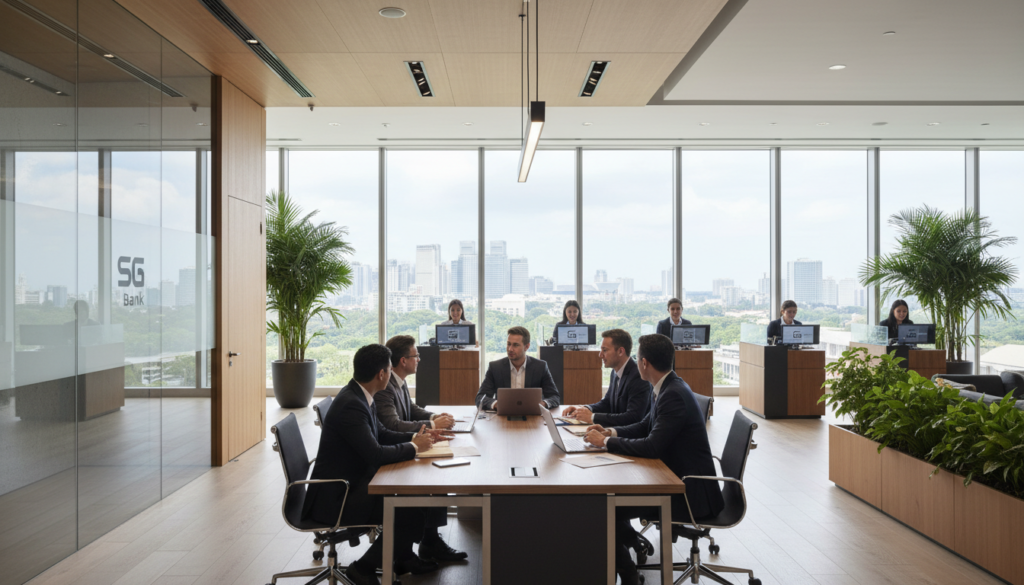 A modern corporate bank interior, featuring sleek glass walls and polished wooden accents. In the foreground, a diverse team of professionals in business attire engages in a discussion around a large conference table, complete with laptops and notebooks, symbolizing collaboration and planning. The middle section showcases an open banking area with customer service representatives assisting clients, surrounded by greenery to convey a refreshing atmosphere. The background reveals large windows allowing natural light to flood the space, creating a bright, welcoming environment. The scene is captured from a wide-angle perspective, emphasizing both the spaciousness and the organized layout. The mood is professional yet inviting, reflecting a hub of financial activity and support in the heart of Singapore.