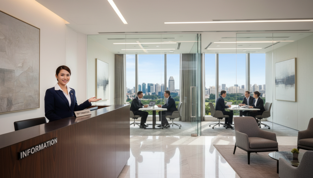 A modern corporate bank interior, showcasing a sleek and professional environment. In the foreground, a polished wooden reception desk with a friendly bank representative in formal business attire, smiling and ready to assist clients. In the middle ground, glass meeting rooms with diverse professionals in business attire discussing financial documents and using laptops. The background features large windows with a cityscape view of Singapore, reflecting a sunny day. Soft, natural lighting floods the space, creating an inviting atmosphere. The overall mood is one of trust, professionalism, and readiness for business transactions. Captivating architectural elements like high ceilings and minimalist décor enhance the photorealistic depiction of the banking environment.