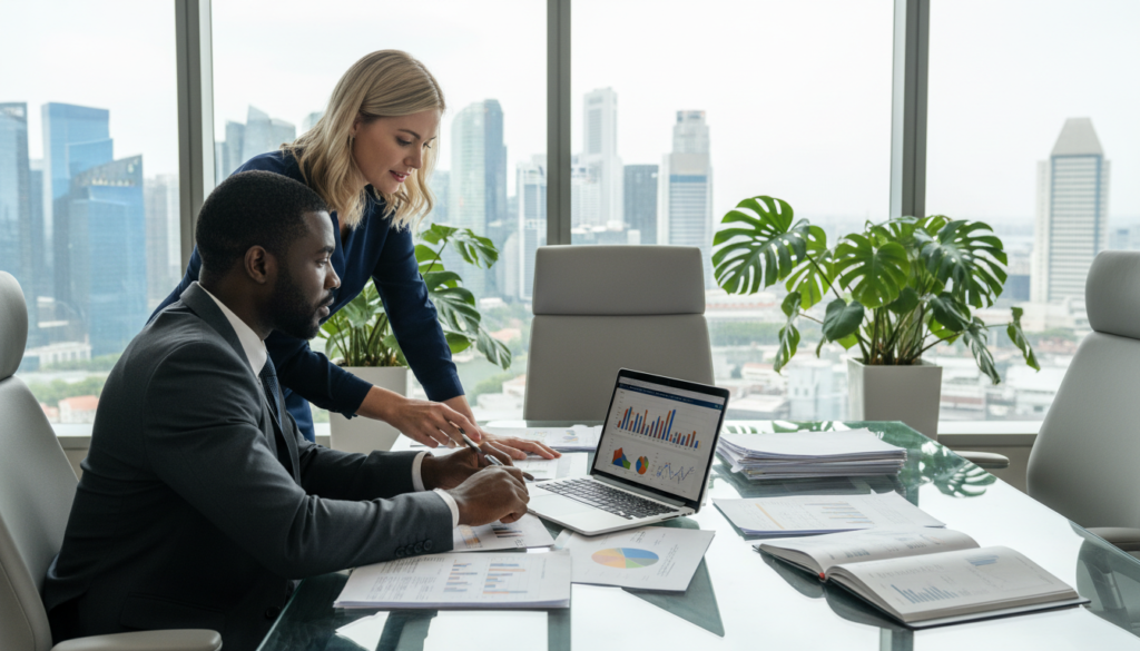 A modern corporate bank office scene focused on a sleek glass table displaying an open laptop, business documents, and financial reports. In the foreground, a diverse group of two professionals, a man in a tailored suit and a woman in business attire, collaborate over the materials, pointing at charts and graphs. In the middle ground, there are contemporary office furnishings and plants, enhancing a clean, organized environment. The background features a panoramic window revealing Singapore's skyline under bright daylight, emphasizing a dynamic business atmosphere. Use soft, natural lighting to create a welcoming feel and capture this moment from a slight upward angle to convey professionalism and collaboration. The overall atmosphere should be one of focus and productivity, ideal for corporate banking discussions. A modern corporate bank office scene focused on a sleek glass table displaying an open laptop, business documents, and financial reports. In the foreground, a diverse group of two professionals, a man in a tailored suit and a woman in business attire, collaborate over the materials, pointing at charts and graphs. In the middle ground, there are contemporary office furnishings and plants, enhancing a clean, organized environment. The background features a panoramic window revealing Singapore's skyline under bright daylight, emphasizing a dynamic business atmosphere. Use soft, natural lighting to create a welcoming feel and capture this moment from a slight upward angle to convey professionalism and collaboration. The overall atmosphere should be one of focus and productivity, ideal for corporate banking discussions.