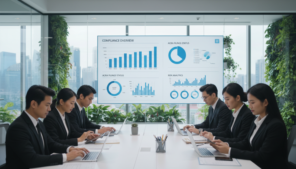 A modern corporate office interior showcasing a digital compliance environment in Singapore. In the foreground, a diverse group of professionals in business attire (a mix of ethnicities and genders) are engaged in analyzing digital corporate records on sleek tablets and laptops, with focused expressions. In the middle, a large digital screen displays graphs and compliance metrics related to the Companies Act and ACRA, illustrating data visually. The background features glass walls, city views of Singapore’s skyline, and greenery for a touch of nature, all under soft, natural lighting that creates a welcoming atmosphere. The composition captures a sense of professionalism, efficiency, and innovation in digital record-keeping. A modern corporate office interior showcasing a digital compliance environment in Singapore. In the foreground, a diverse group of professionals in business attire (a mix of ethnicities and genders) are engaged in analyzing digital corporate records on sleek tablets and laptops, with focused expressions. In the middle, a large digital screen displays graphs and compliance metrics related to the Companies Act and ACRA, illustrating data visually. The background features glass walls, city views of Singapore’s skyline, and greenery for a touch of nature, all under soft, natural lighting that creates a welcoming atmosphere. The composition captures a sense of professionalism, efficiency, and innovation in digital record-keeping.