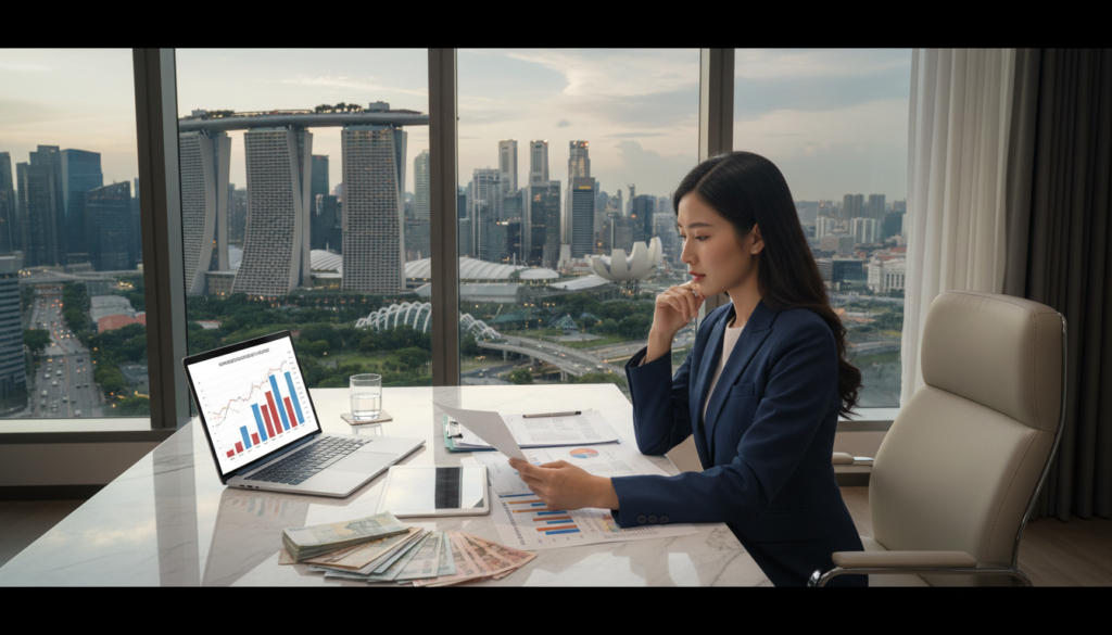 A modern, elegant office setting with a panoramic view of Singapore's skyline in the background, showcasing the Marina Bay Sands and the bustling cityscape. In the foreground, a professional Asian woman dressed in a tailored navy business suit, sitting at a sleek desk, analyzing charts and financial documents related to foreign-sourced income. Soft, warm natural lighting floods the room, creating a bright and inviting atmosphere. On the desk, there are piles of international currency notes and a laptop displaying graphs of overseas investments. The mood is focused and professional, symbolizing the important nature of foreign income reporting and its implications on taxation in Singapore.