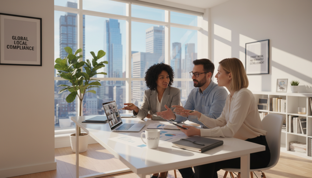 A modern home office setting filled with natural light, featuring a sleek desk with a laptop, documents, and a coffee mug. In the foreground, a diverse group of three professionals in business attire are engaged in a discussion around the desk, illustrating collaboration among remote employees. The middle ground showcases an open floor plan with plants and motivational posters on the walls, conveying a productive atmosphere. In the background, large windows reveal a city skyline, symbolizing global connections and opportunities. The image is photorealistic, with soft shadows and warm, inviting lighting, creating a sense of focus and professionalism while emphasizing the concept of preventing permanent establishment risk.