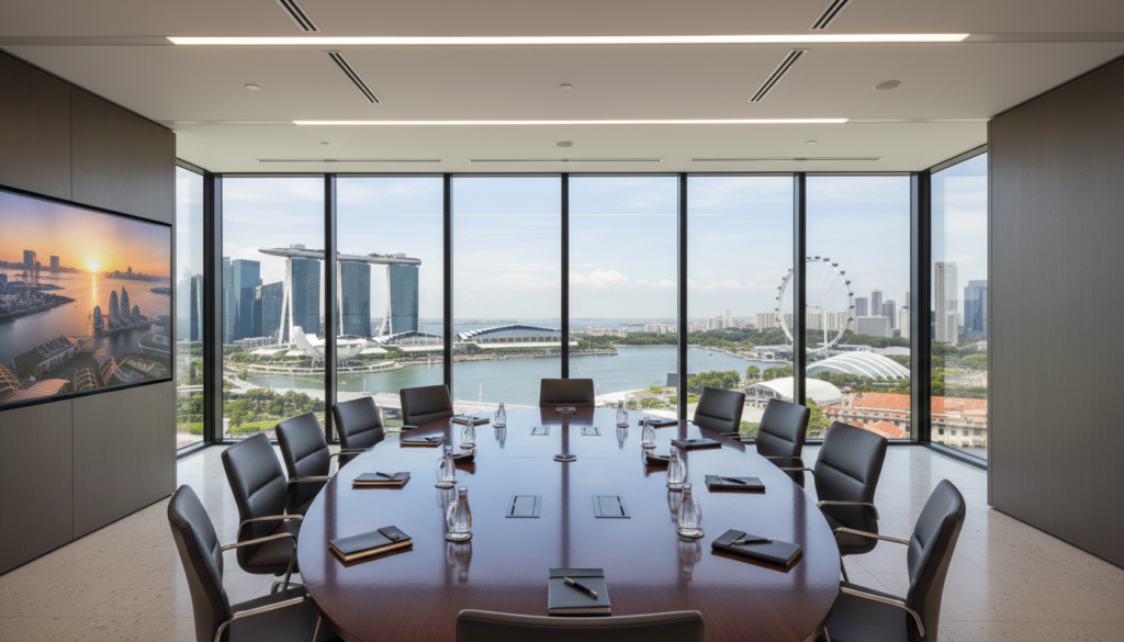 A modern meeting room in a prestigious office building overlooking Marina Bay, designed for high-level corporate discussions. In the foreground, a sleek, oval conference table surrounded by ergonomic chairs, with a digital presentation screen displaying a vibrant cityscape. The middle section reveals large floor-to-ceiling windows allowing natural light to flood the space, enhancing the professional atmosphere. In the background, the iconic Marina Bay Sands and the skyline of Singapore can be seen, adding a breathtaking view. The lighting is bright and natural, creating an inviting yet focused ambiance. The overall mood is sophisticated and inspiring, ideal for elite business solutions. No people are visible in the scene, ensuring a clean and professional focus on the workspace. Photorealistic style, wide-angle shot.